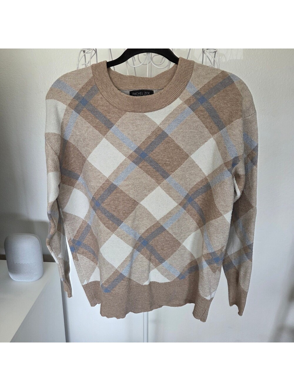 Rachel Zoe Argyle Plaid Crewneck Sweater | Tan & Cream Knit Size Small